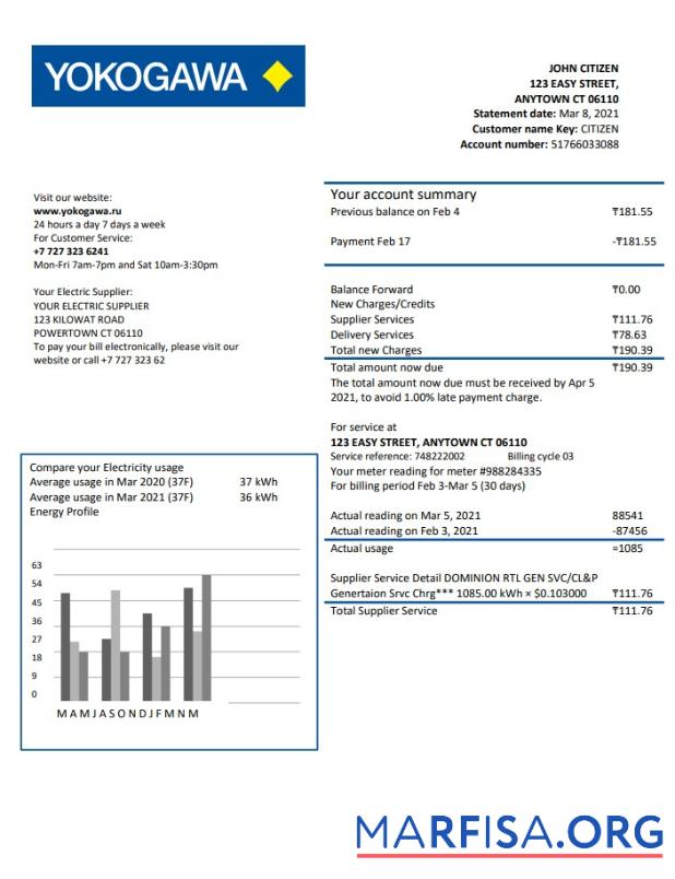 Blank Kazakhstan Yokogawa Electric Kazakhstan utility bill template in Word and PDF format (.doc and .pdf)